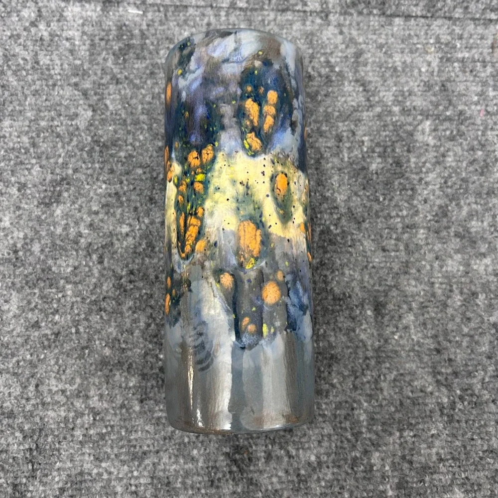 BFB Pottery Blue Grey Ochre Drip Glaze Ceramic Cylinder Bud Vase Studio Art